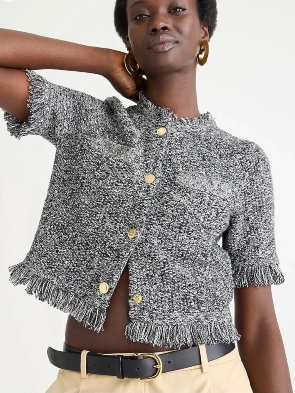 J. Crew Bouclé Short Sleeve Cardigan with Gold Buttons in Gray Fall 2024